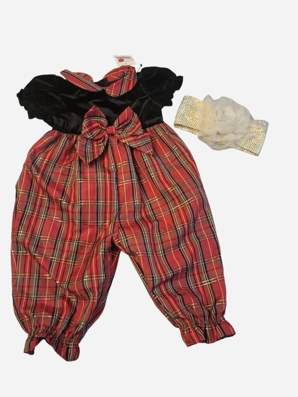 Good Lad Black Velvet Top with Red Tartan Bow Romper and Gold Headband